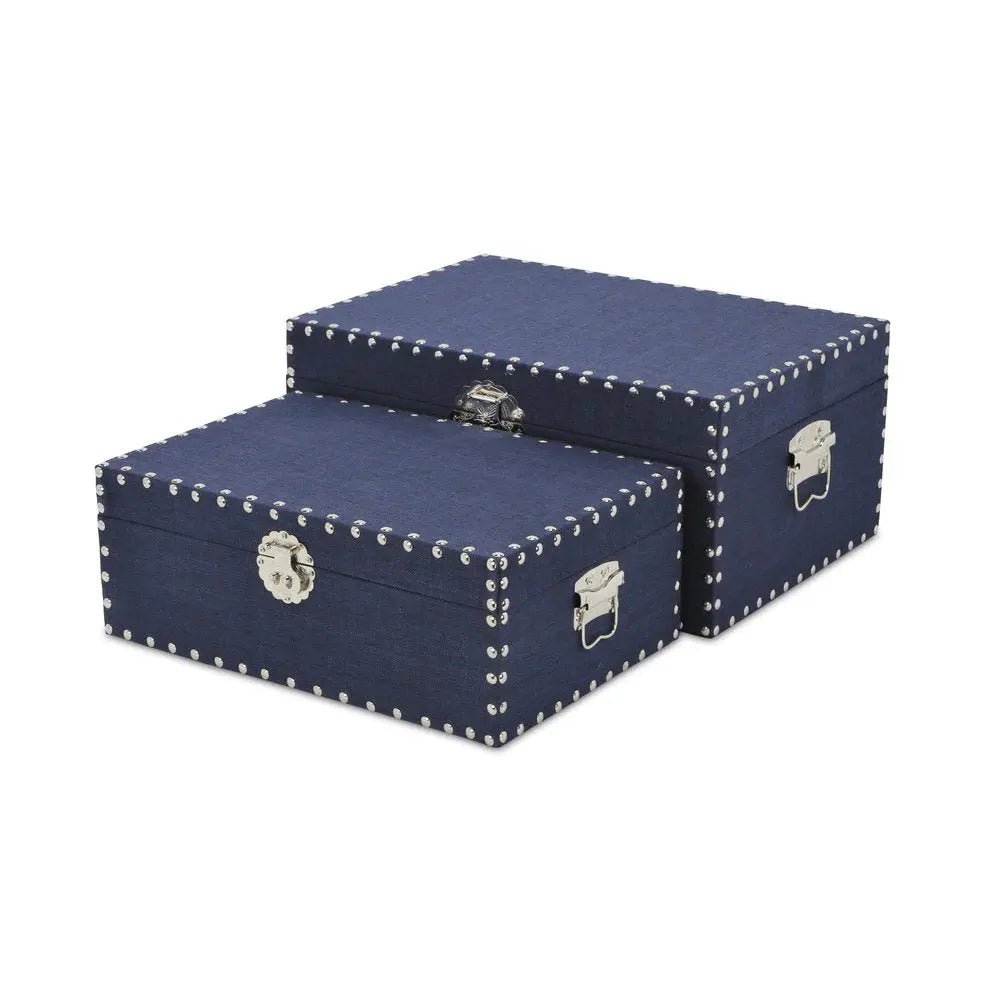 Set of Two Navy Blue Wood Fabric And Metal Box With Lid - NOBLE HOME INTERIORS