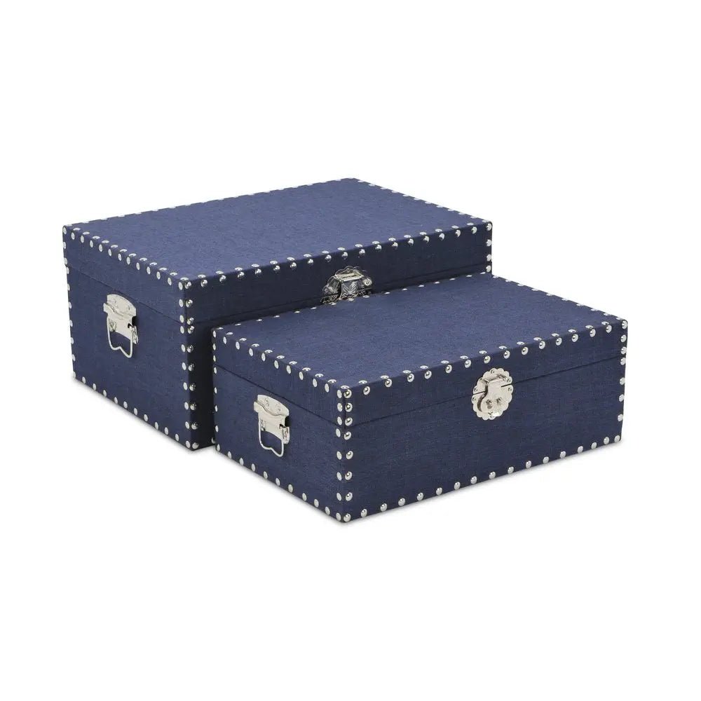 Set of Two Navy Blue Wood Fabric And Metal Box With Lid - NOBLE HOME INTERIORS
