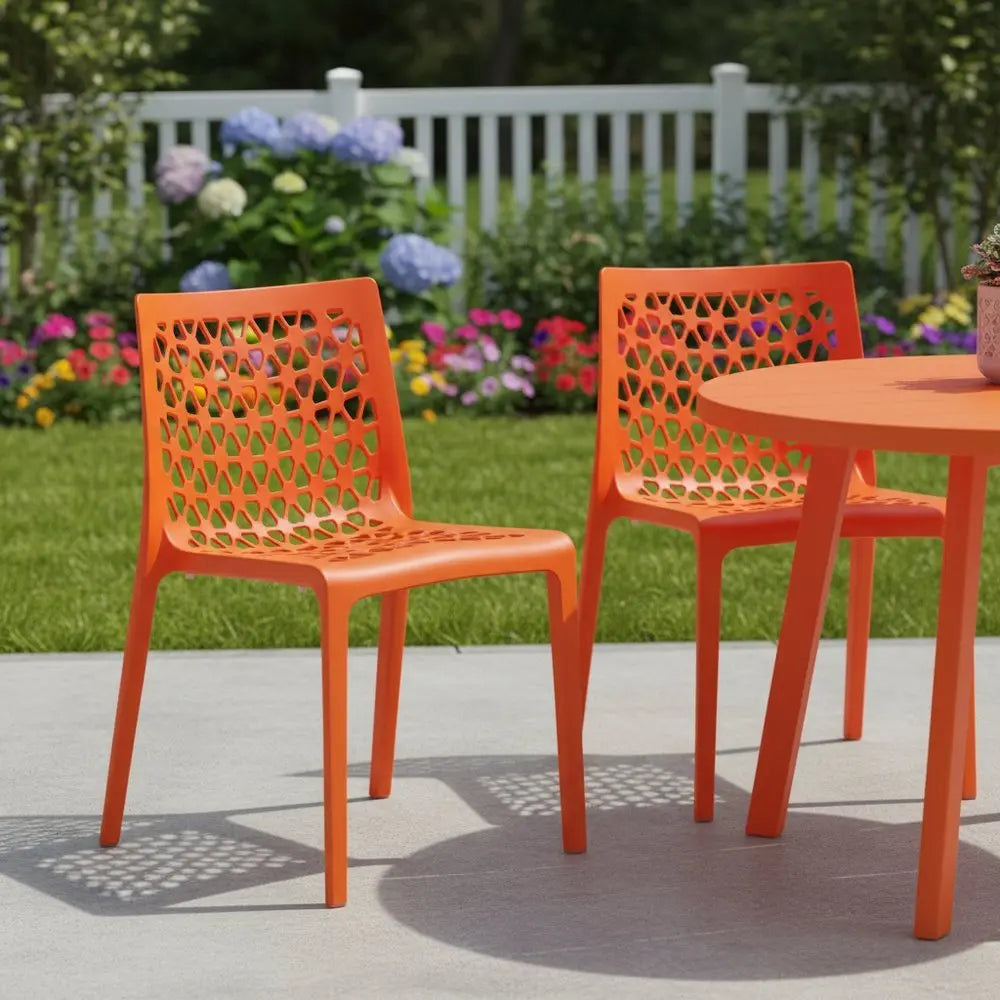 Set of Two Orange Heavy Duty Plastic Outdoor Stacking Dining Chairs - NOBLE HOME INTERIORS