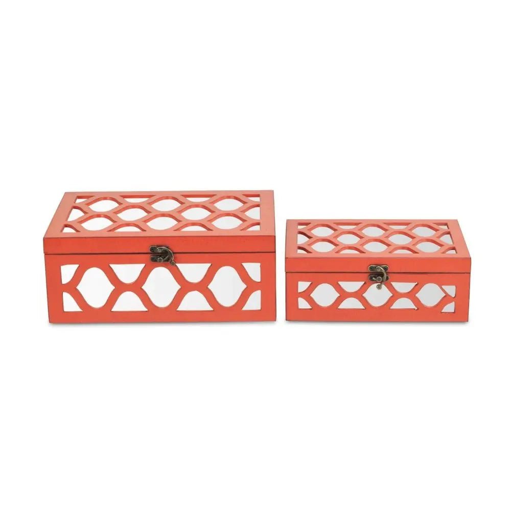 Set of Two Orange Mirrored Glass And Solid Wood Box With Lid - NOBLE HOME INTERIORS