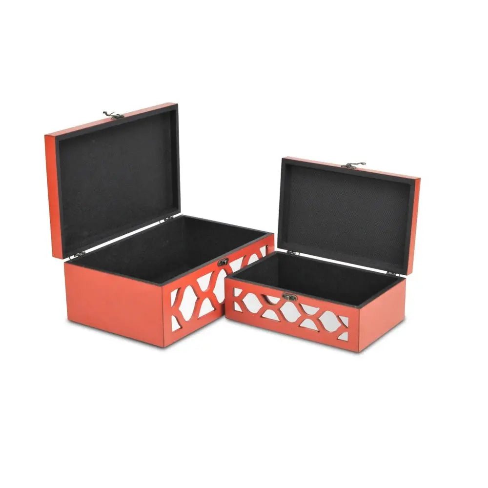 Set of Two Orange Mirrored Glass And Solid Wood Box With Lid - NOBLE HOME INTERIORS