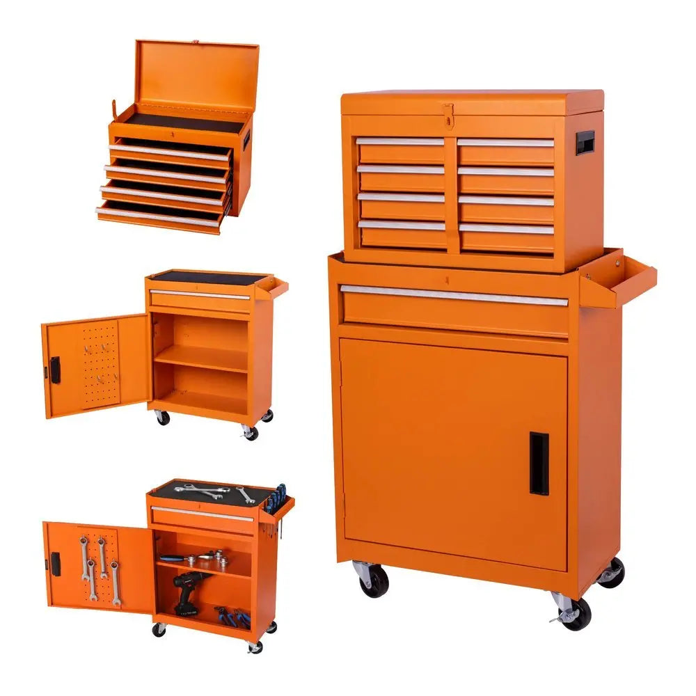 Set of Two Orange Multi - Tier Steel Rolling Cabinet With Lid - NOBLE HOME INTERIORS