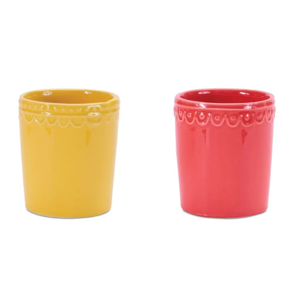 Set of Two Pink And Yellow Ceramic Rectangular Cachepots - NOBLE HOME INTERIORS