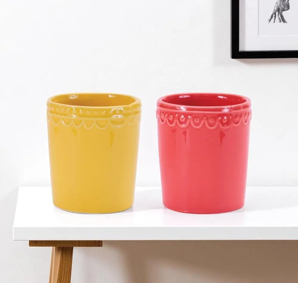 Set of Two Pink And Yellow Ceramic Rectangular Cachepots - NOBLE HOME INTERIORS