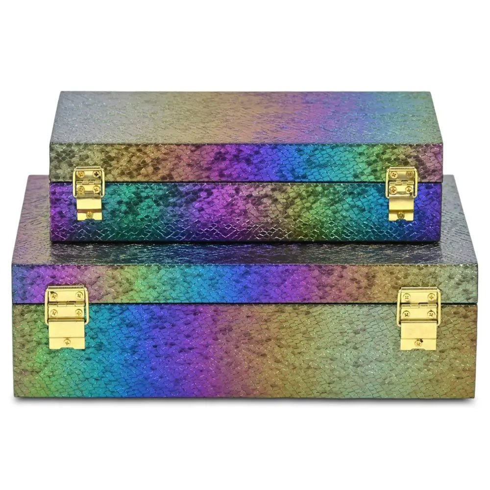 Set of Two Rainbow And Gold Faux Shagreen Nesting Storage Boxes With Lids - NOBLE HOME INTERIORS