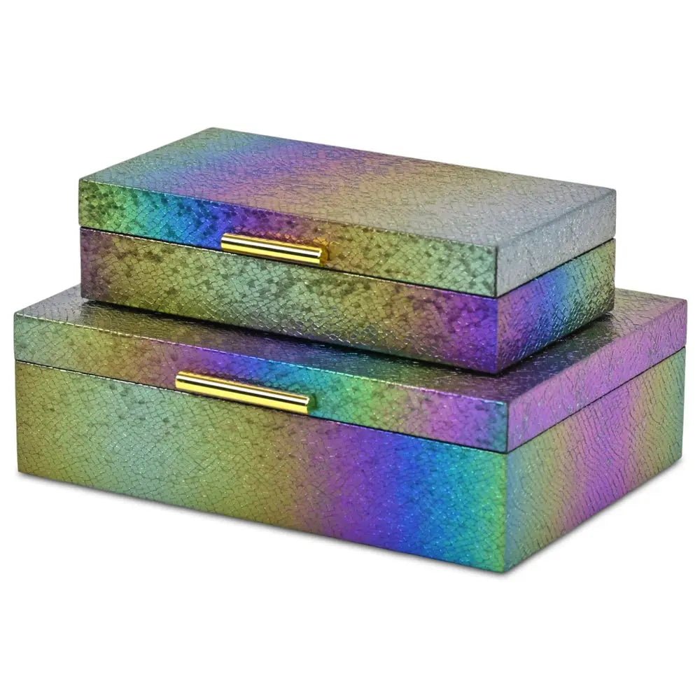 Set of Two Rainbow And Gold Faux Shagreen Nesting Storage Boxes With Lids - NOBLE HOME INTERIORS