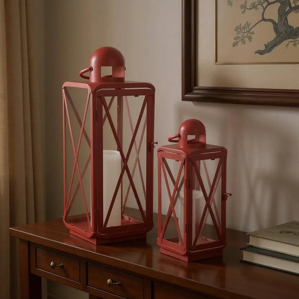 Set of Two Red Geometric Metal Centerpiece Lantern Candle Holders - NOBLE HOME INTERIORS