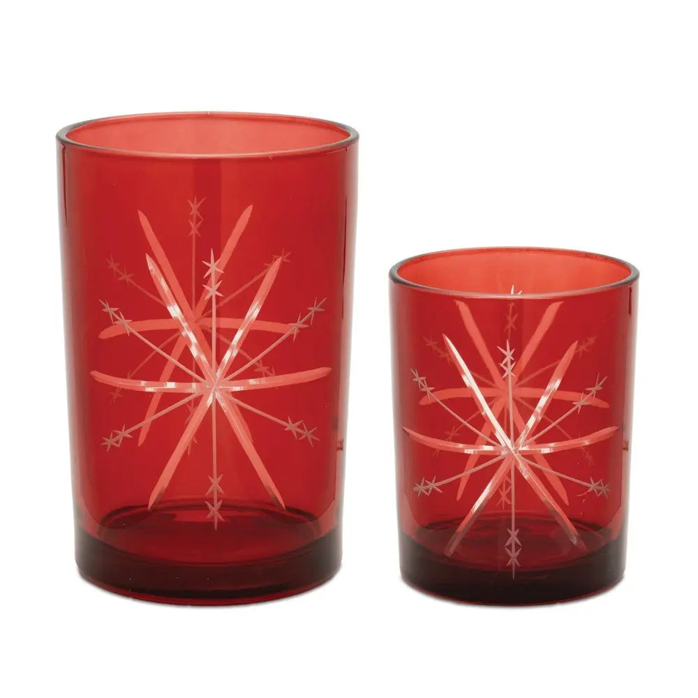 Set of Two Red Hammered Glass Tabletop Votive Candle Holders - NOVA HOME FURNITURE