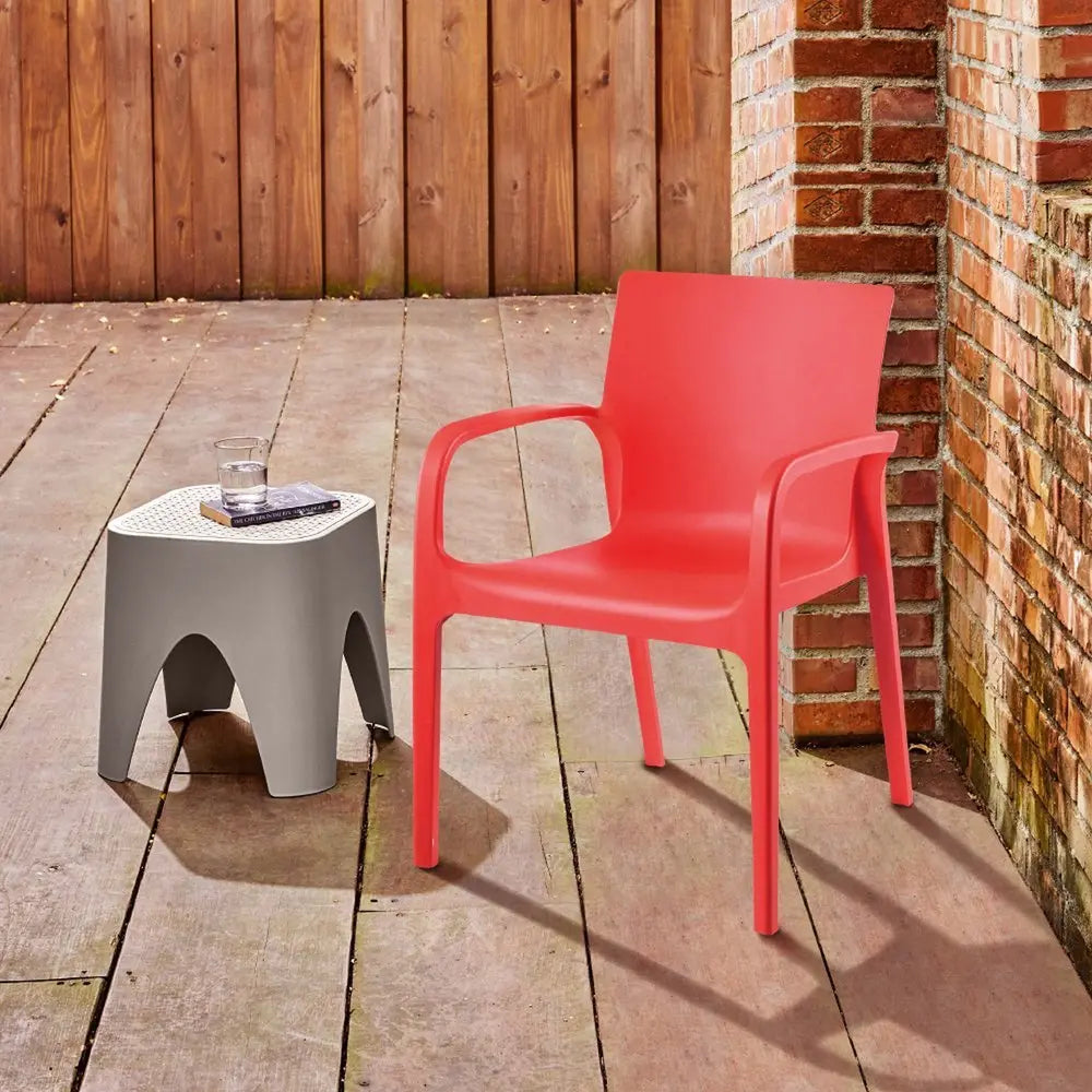 Set of Two Red Heavy Duty Plastic Outdoor Stacking Dining Chairs - NOBLE HOME INTERIORS