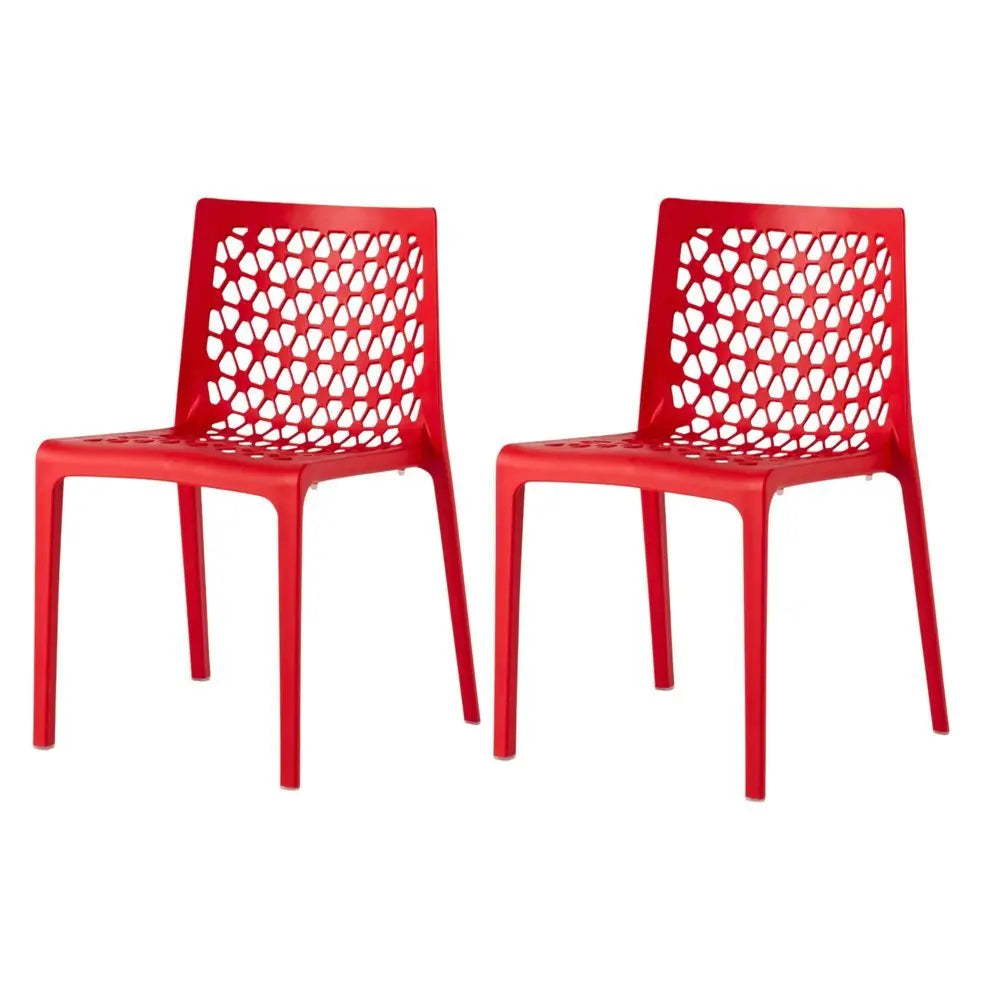 Set of Two Red Heavy Duty Plastic Outdoor Stacking Dining Chairs - NOBLE HOME INTERIORS