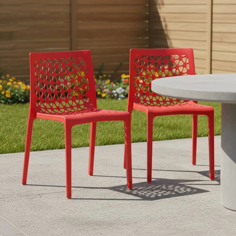 Set of Two Red Heavy Duty Plastic Outdoor Stacking Dining Chairs - NOBLE HOME INTERIORS