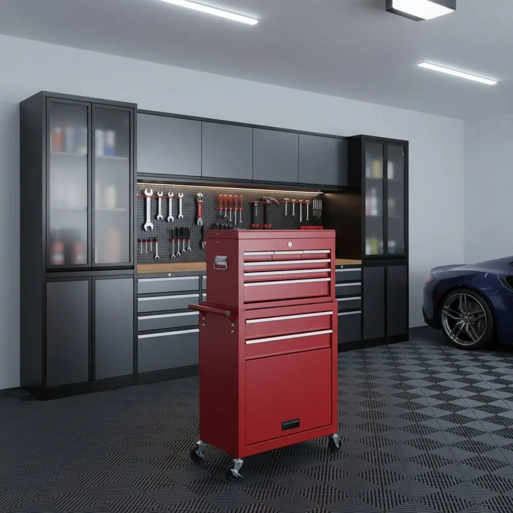 Set of Two Red Multi - Tier Steel Rolling Cabinet With Lid - NOBLE HOME INTERIORS