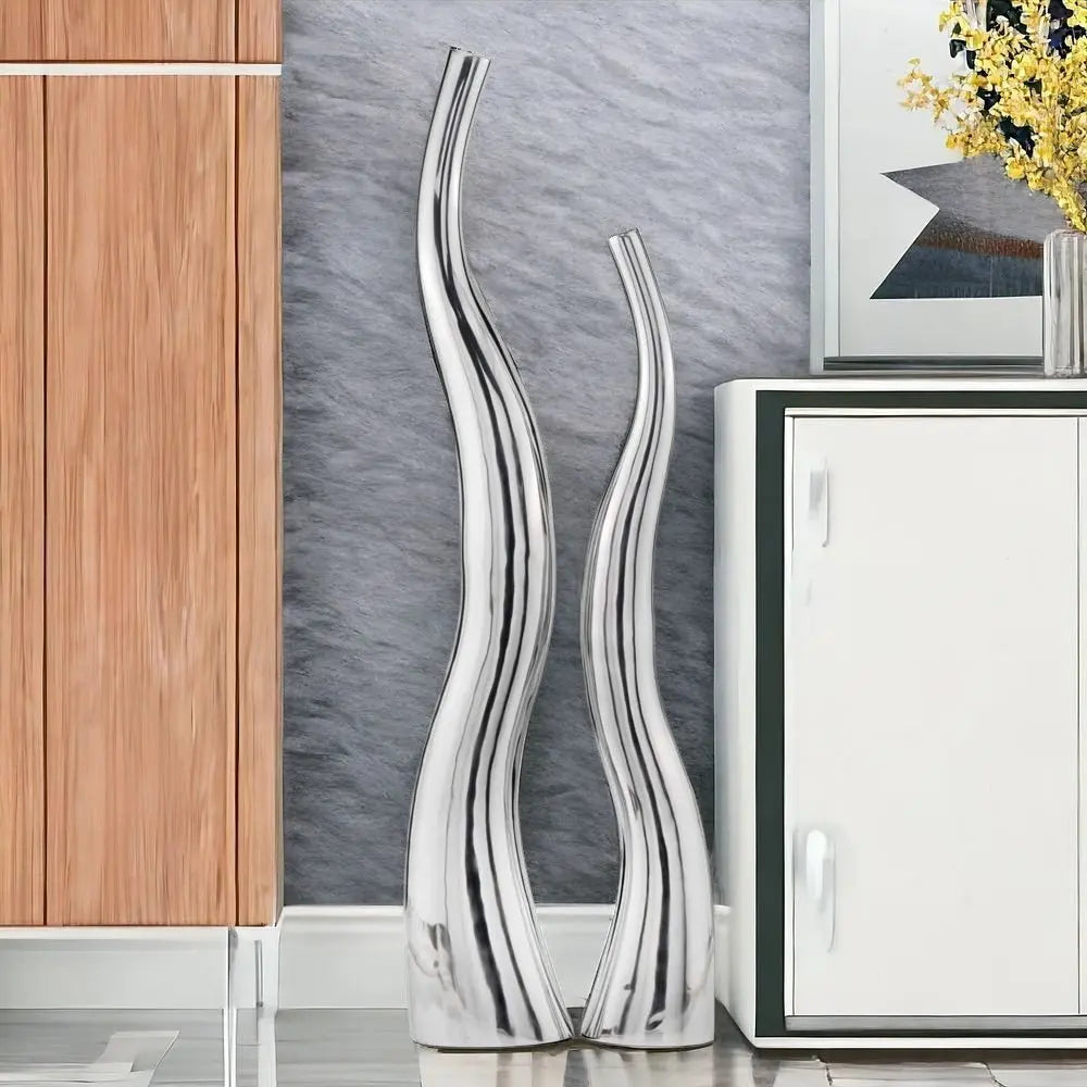 Set of Two Silver Aluminum Squiggly Vases - NOBLE HOME INTERIORS
