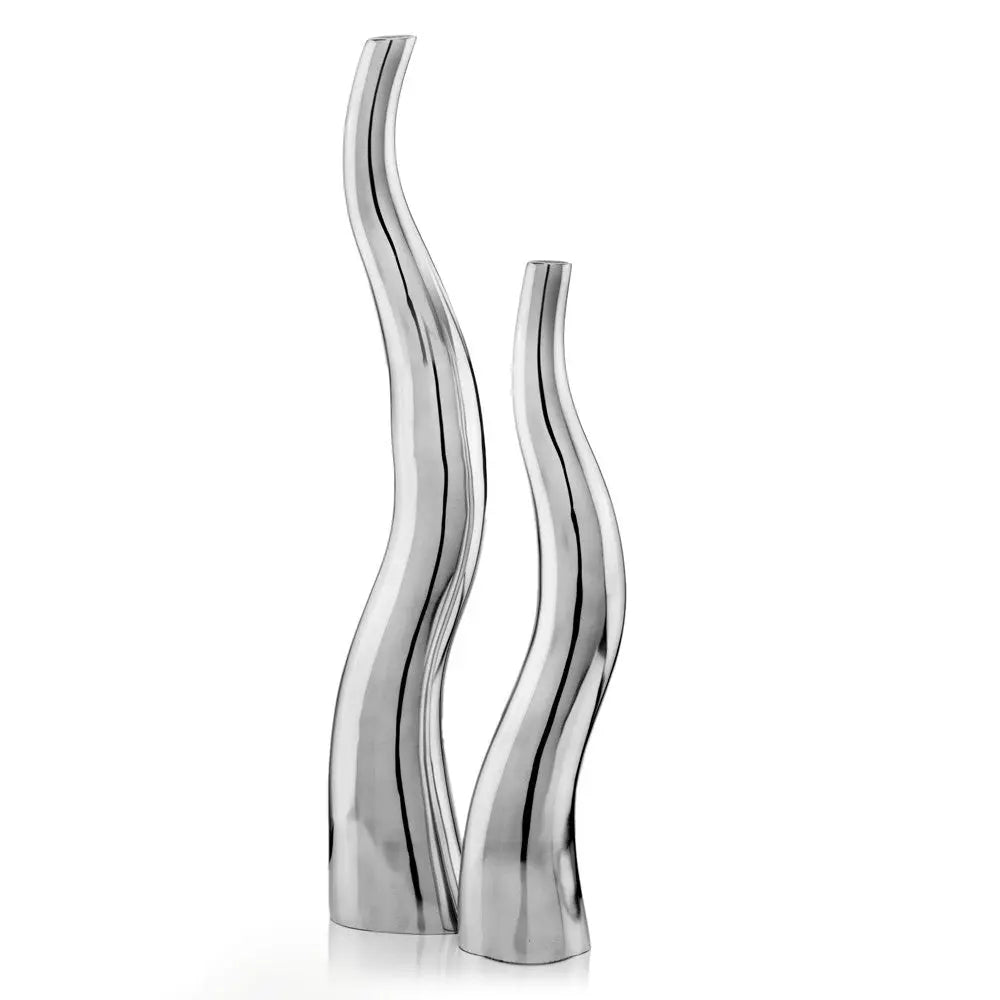 Set of Two Silver Aluminum Squiggly Vases - NOBLE HOME INTERIORS