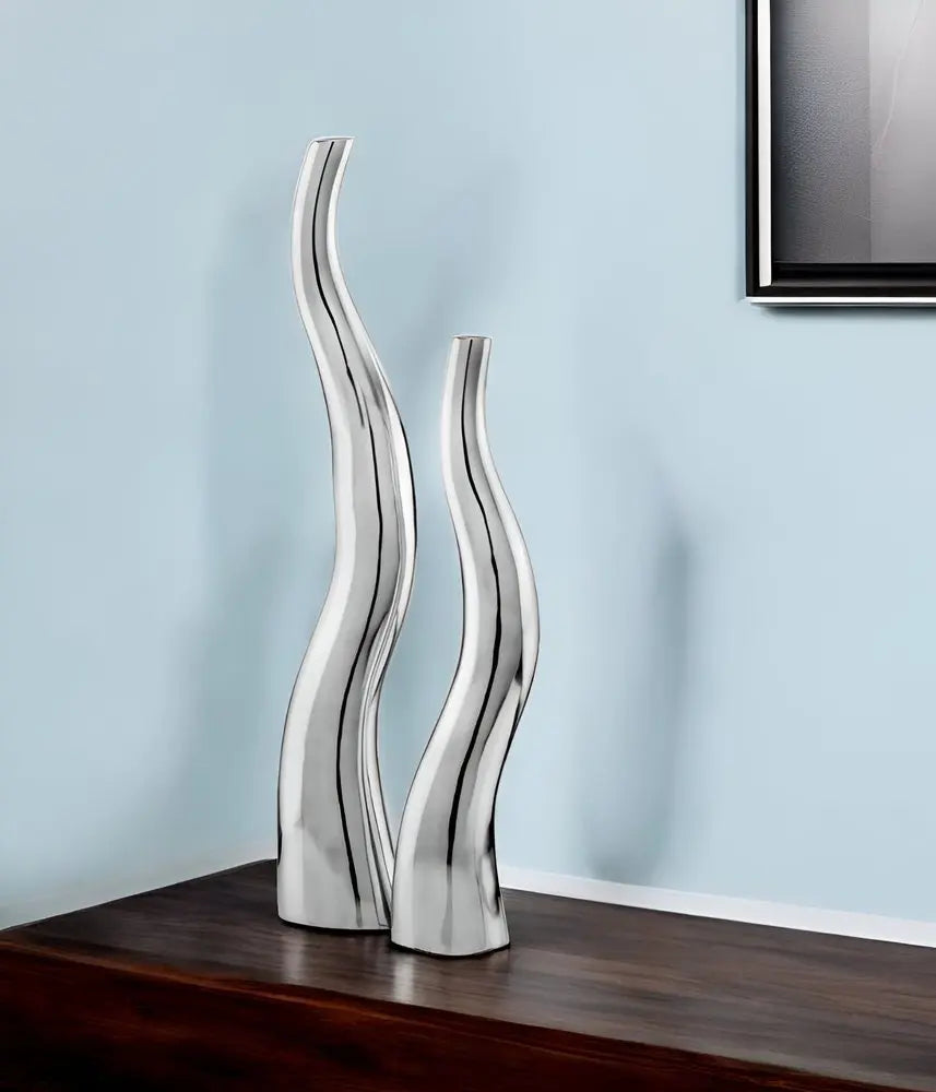 Set of Two Silver Aluminum Squiggly Vases - NOBLE HOME INTERIORS