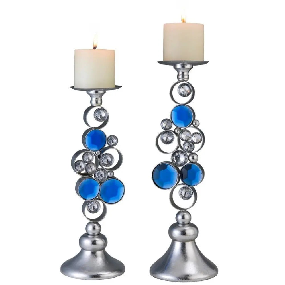 Set Of Two Silver and Blue Bling Tabletop Pillar Candle Holders - NOBLE HOME INTERIORS