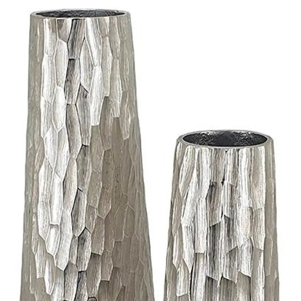 Set of Two Silver Cast Aluminum Textured Table Vases - NOBLE HOME INTERIORS
