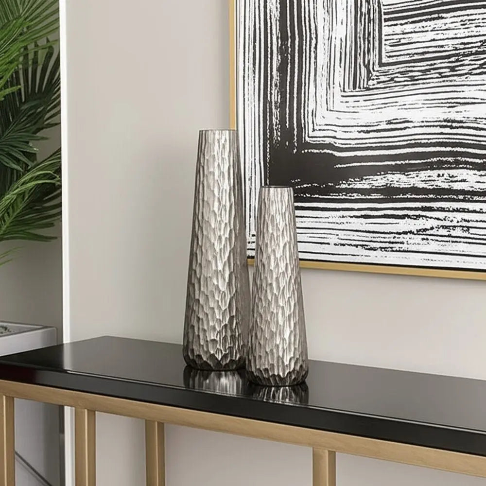 Set of Two Silver Cast Aluminum Textured Table Vases - NOBLE HOME INTERIORS