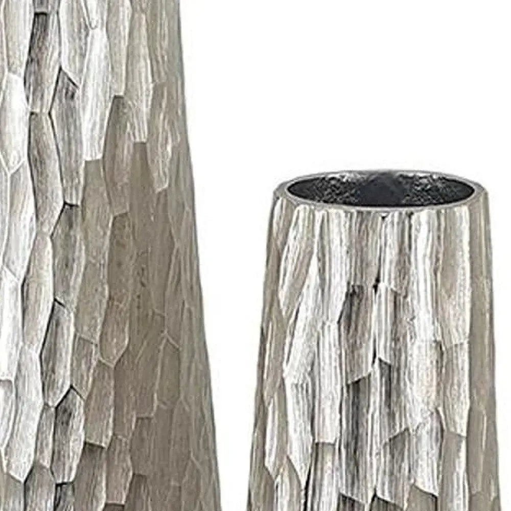 Set of Two Silver Cast Aluminum Textured Table Vases - NOBLE HOME INTERIORS