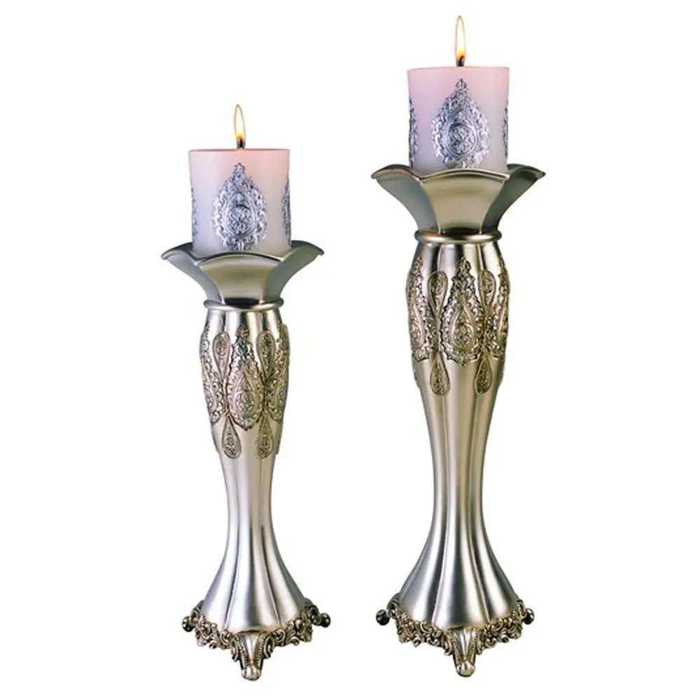 Set of Two Silver Metallic Polyresin Ornate Tabletop Pillar Candle Holders With Candle - NOBLE HOME INTERIORS