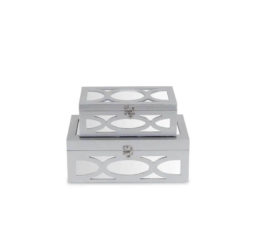 Set of Two Silver Mirrored Glass And Wood Box With Lid - NOBLE HOME INTERIORS