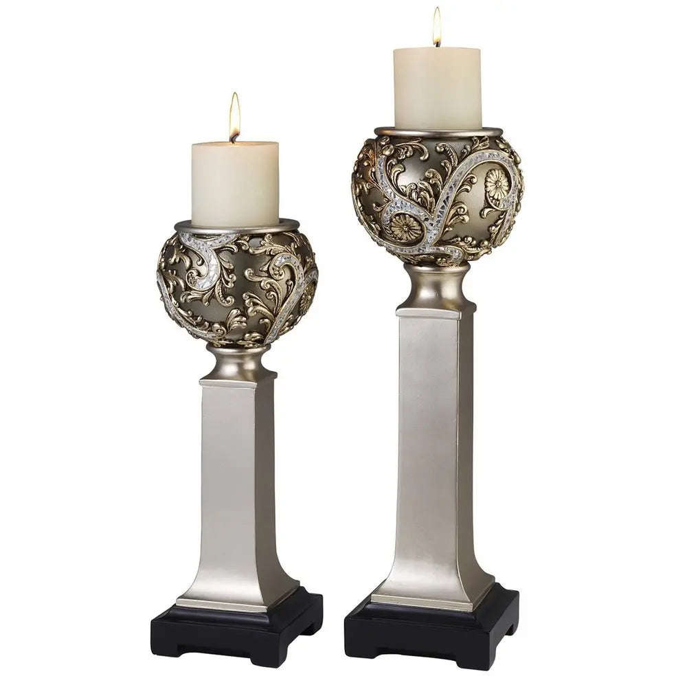 Set of Two Silver Polyresin Filigree Tabletop Pillar Candle Holders With Candle - NOBLE HOME INTERIORS