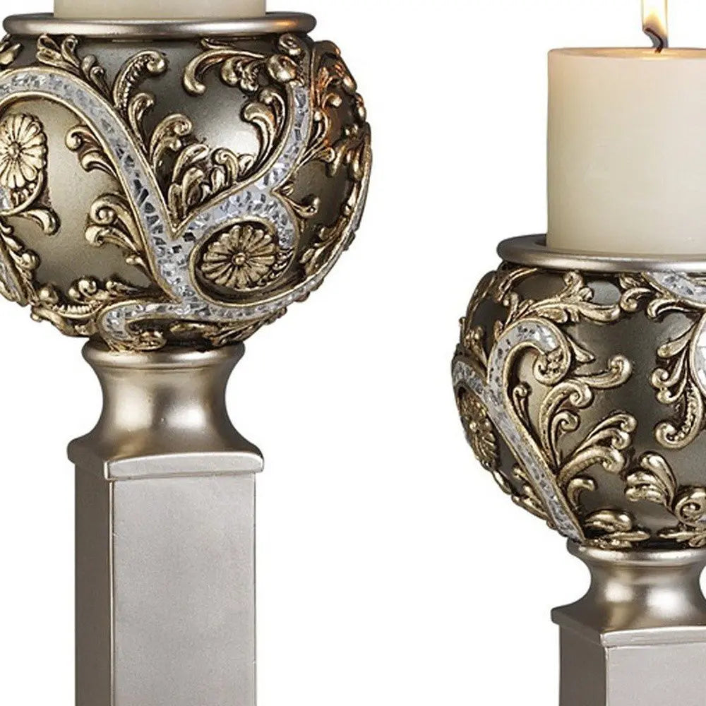 Set of Two Silver Polyresin Filigree Tabletop Pillar Candle Holders With Candle - NOBLE HOME INTERIORS