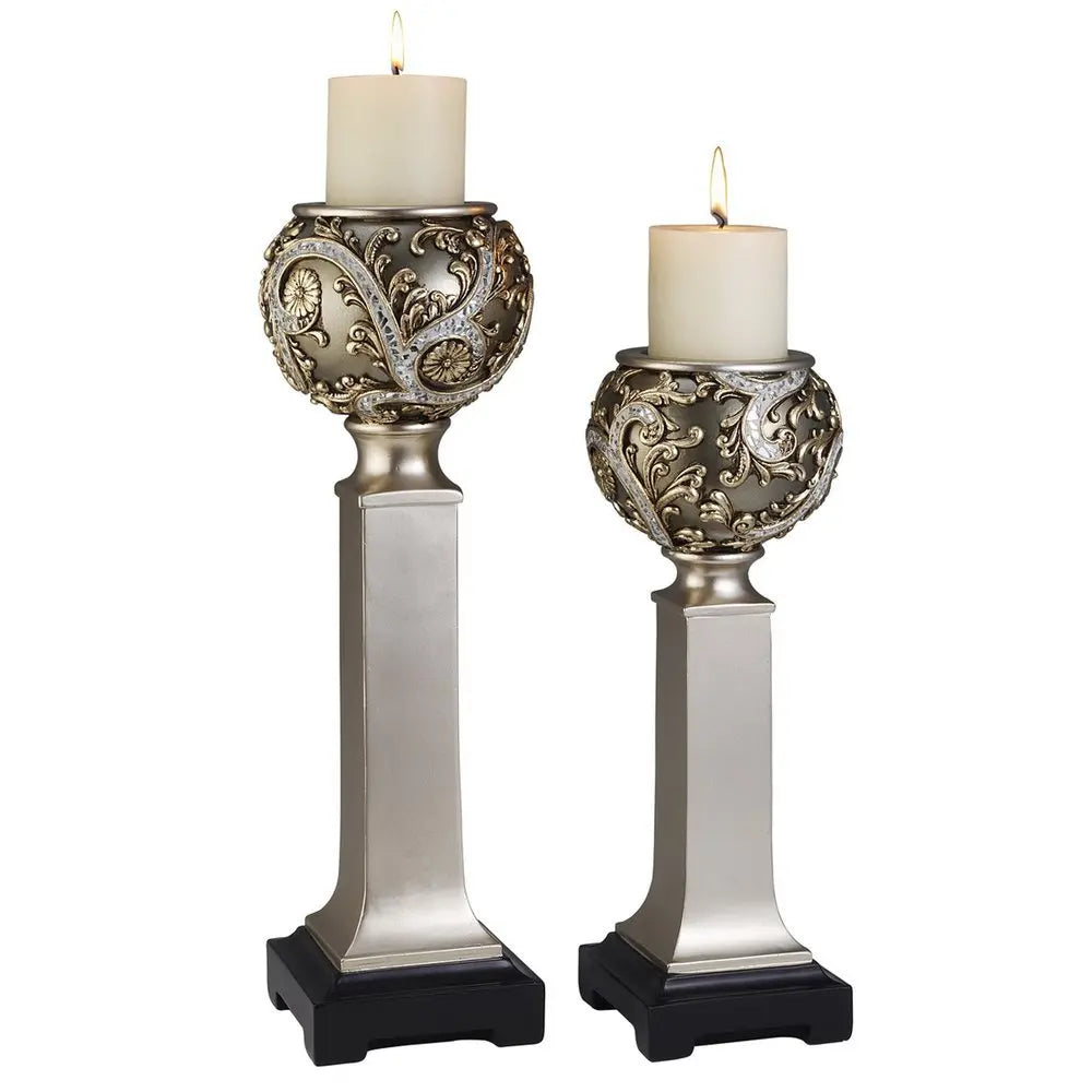 Set of Two Silver Polyresin Filigree Tabletop Pillar Candle Holders With Candle - NOBLE HOME INTERIORS