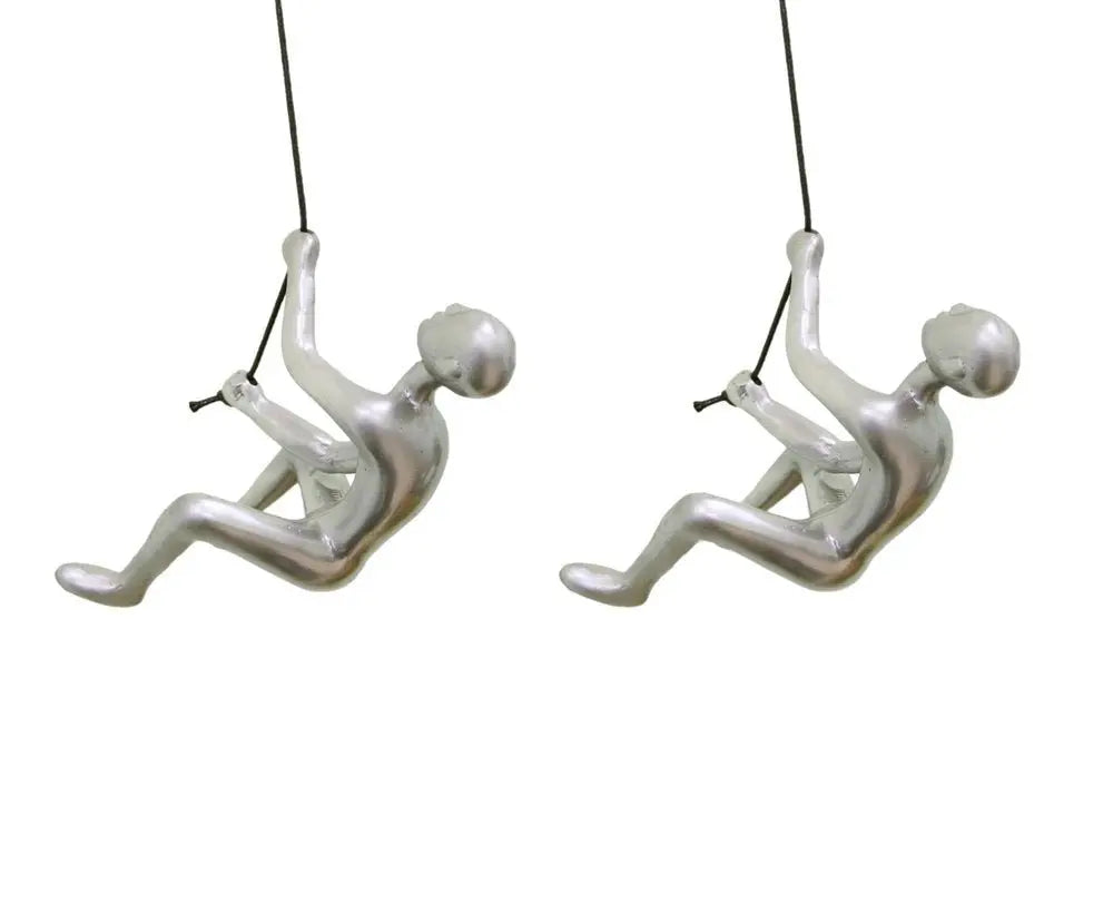 Set of Two Silver Resin Climbing Man Hanging Dimensional Sculpture - NOBLE HOME INTERIORS