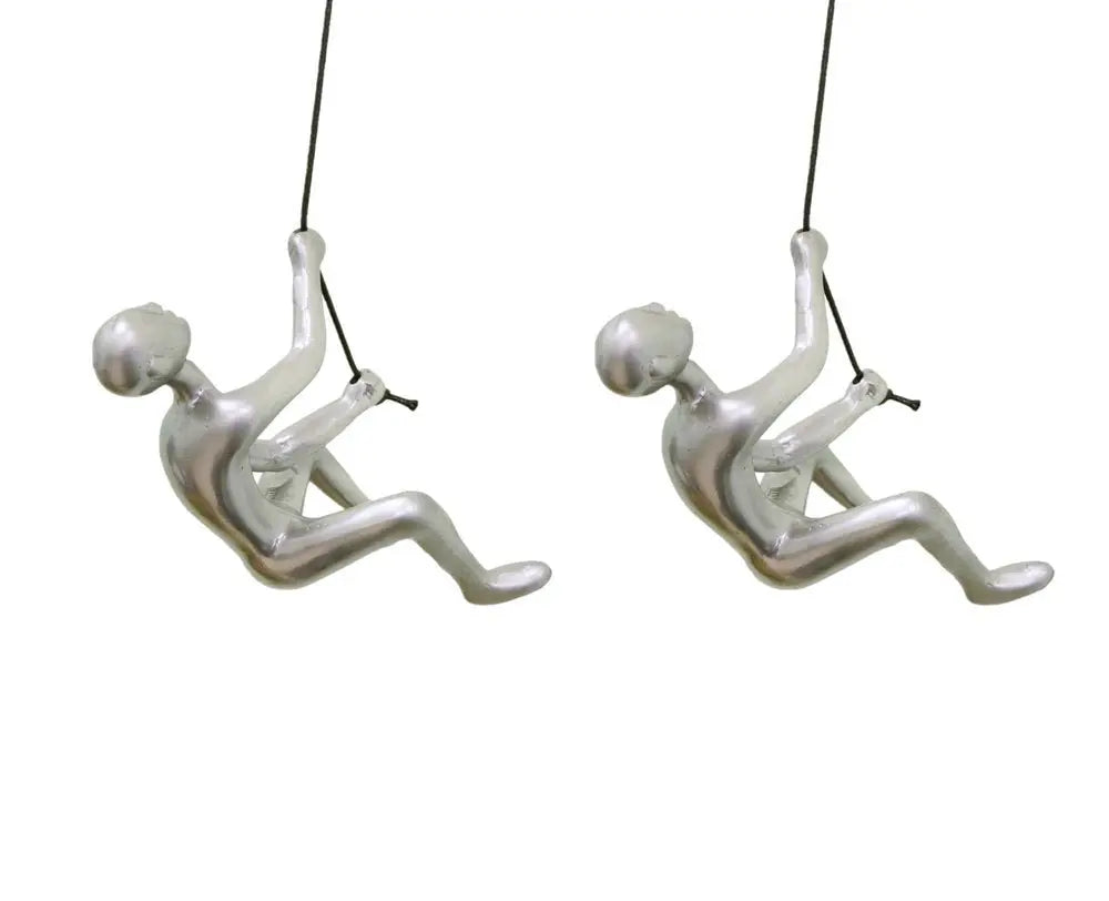 Set of Two Silver Resin Climbing Man Hanging Dimensional Sculpture - NOBLE HOME INTERIORS