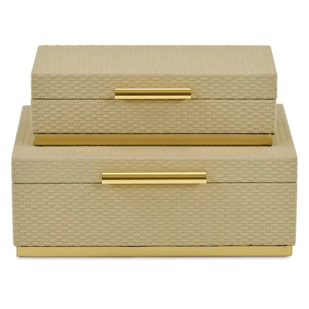 Set of Two Taupe And Gold Nesting Decorative Storage Boxes With Lids - NOBLE HOME INTERIORS