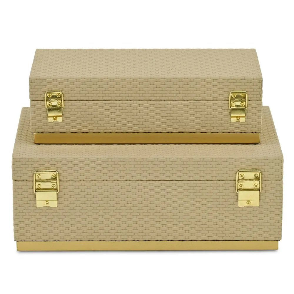 Set of Two Taupe And Gold Nesting Decorative Storage Boxes With Lids - NOBLE HOME INTERIORS