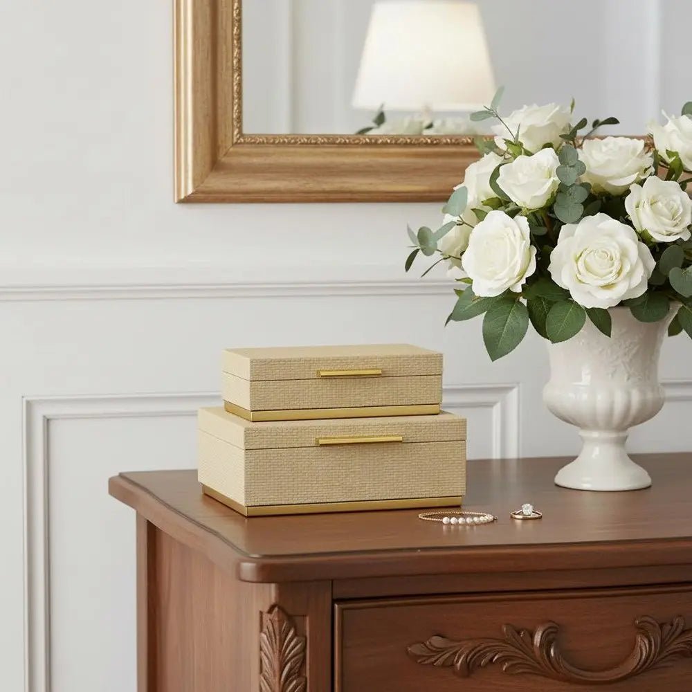Set of Two Taupe And Gold Nesting Decorative Storage Boxes With Lids - NOBLE HOME INTERIORS