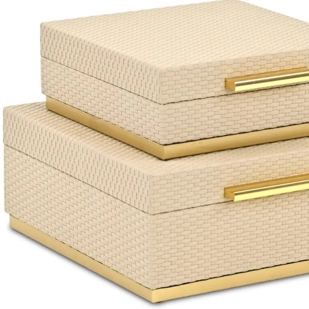 Set of Two Taupe And Gold Square Nesting Decorative Storage Boxes With Lids - NOBLE HOME INTERIORS