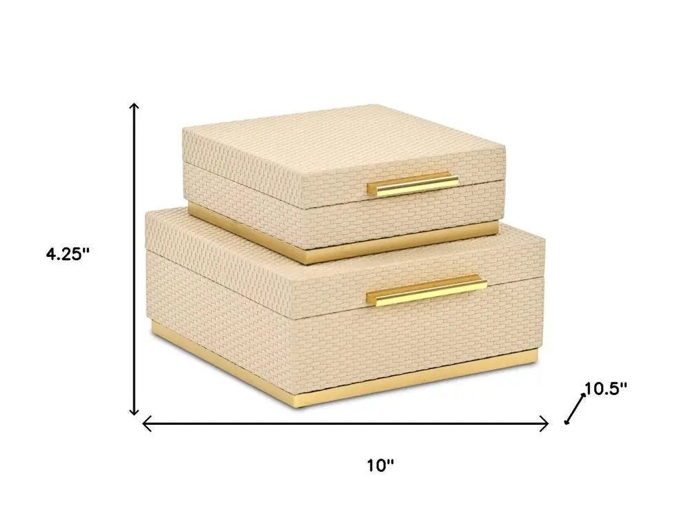 Set of Two Taupe And Gold Square Nesting Decorative Storage Boxes With Lids - NOBLE HOME INTERIORS