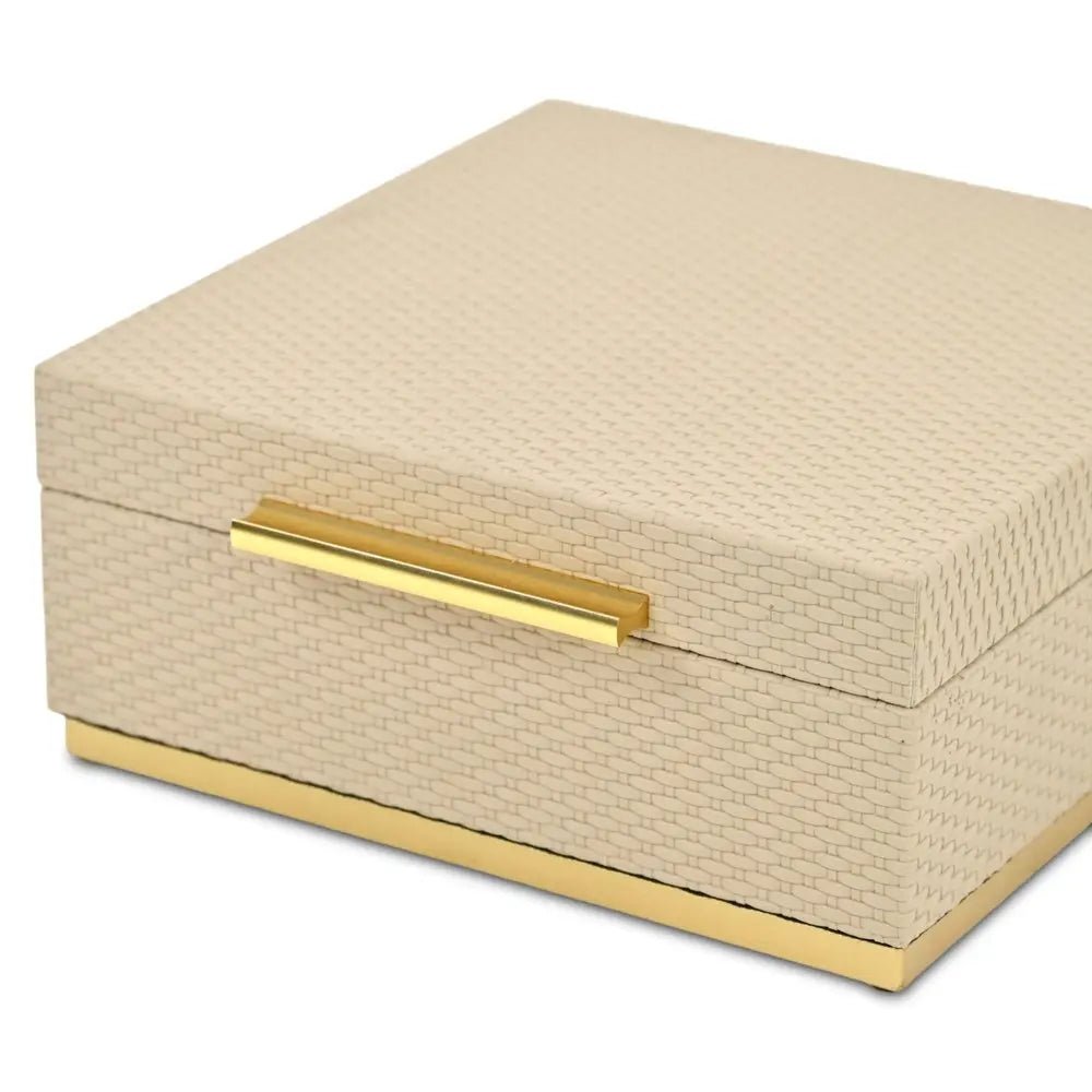 Set of Two Taupe And Gold Square Nesting Decorative Storage Boxes With Lids - NOBLE HOME INTERIORS