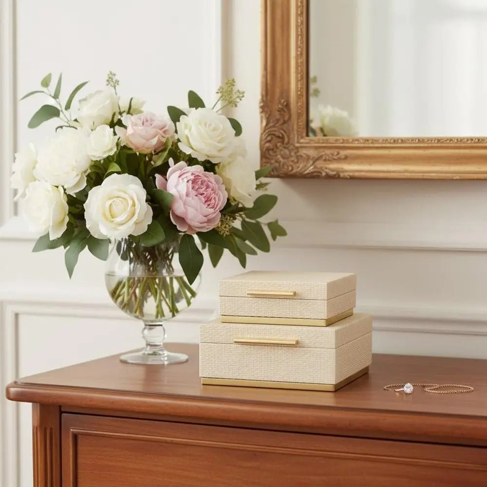 Set of Two Taupe And Gold Square Nesting Decorative Storage Boxes With Lids - NOBLE HOME INTERIORS