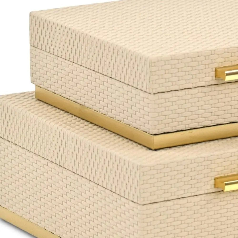 Set of Two Taupe And Gold Square Nesting Decorative Storage Boxes With Lids - NOBLE HOME INTERIORS