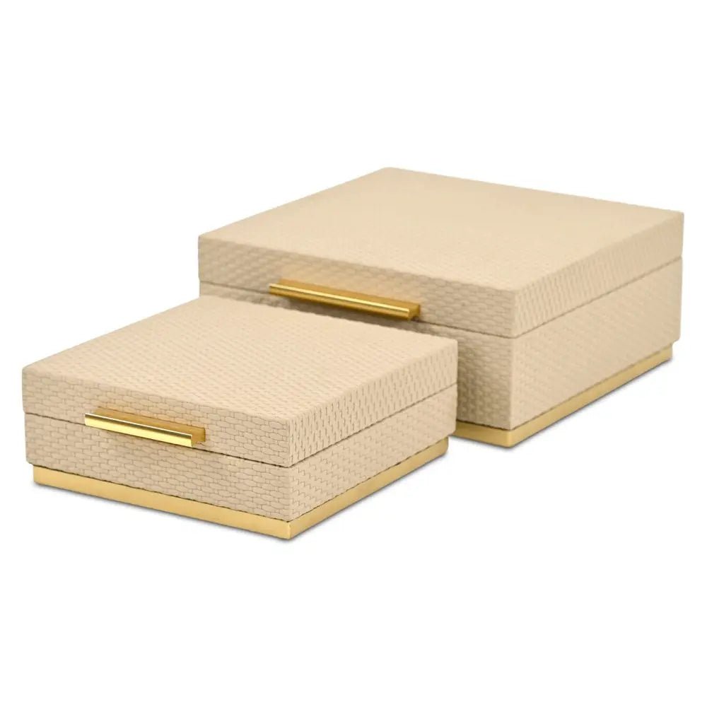 Set of Two Taupe And Gold Square Nesting Decorative Storage Boxes With Lids - NOBLE HOME INTERIORS