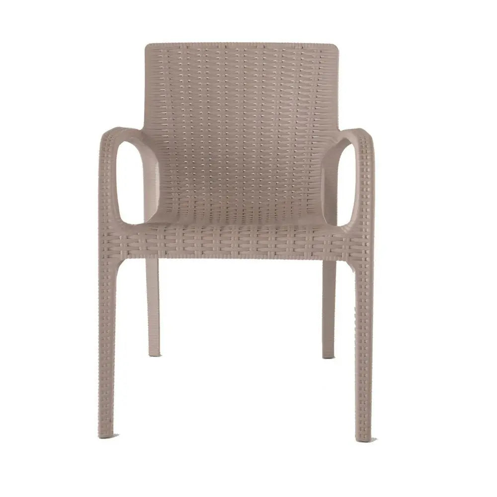 Set of Two Taupe Faux Rattan Heavy Duty Plastic Outdoor Stacking Arm Chairs - NOBLE HOME INTERIORS