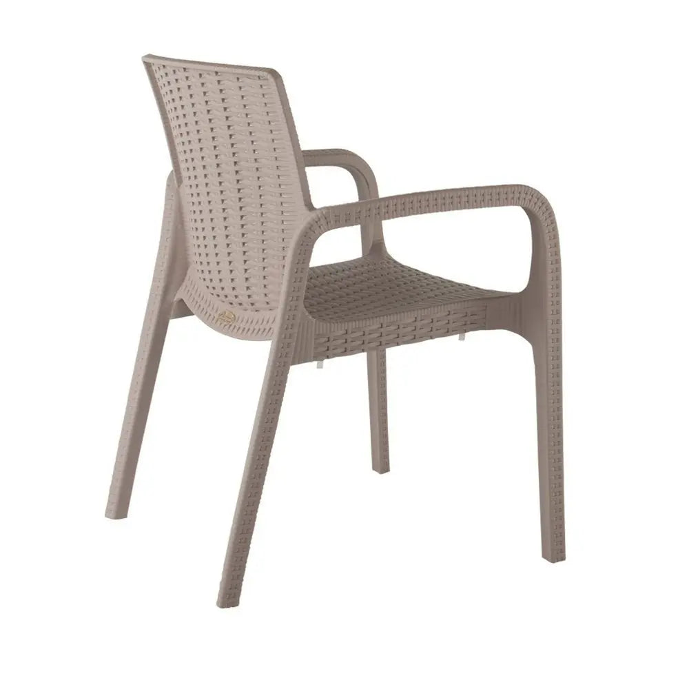 Set of Two Taupe Faux Rattan Heavy Duty Plastic Outdoor Stacking Arm Chairs - NOBLE HOME INTERIORS