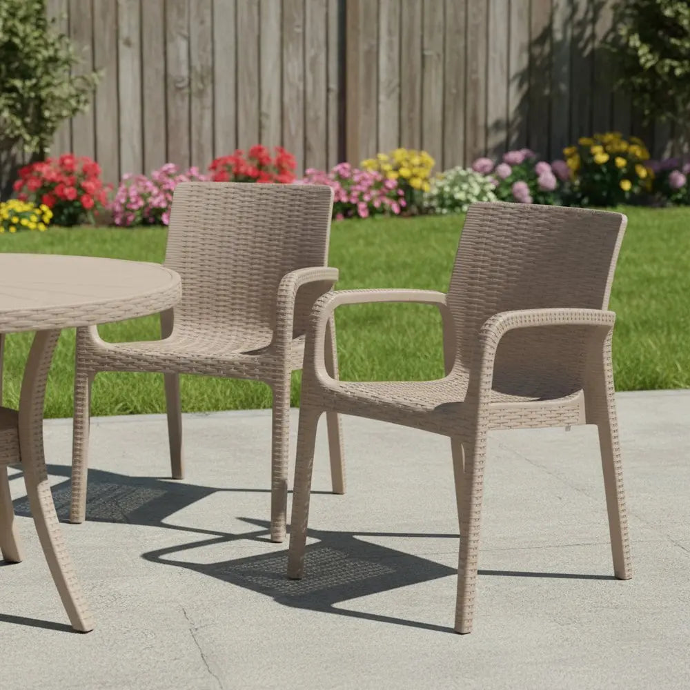 Set of Two Taupe Faux Rattan Heavy Duty Plastic Outdoor Stacking Arm Chairs - NOBLE HOME INTERIORS