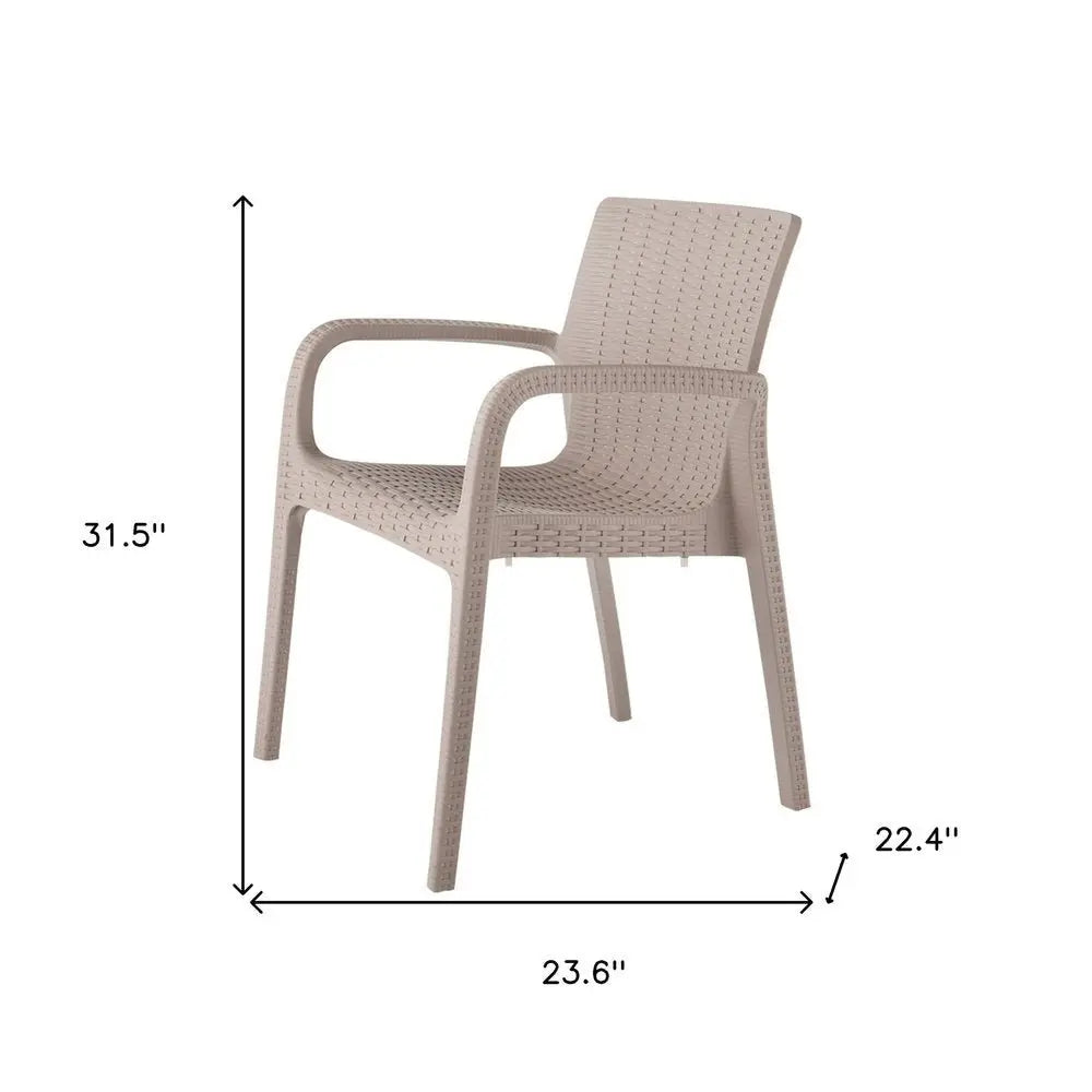 Set of Two Taupe Faux Rattan Heavy Duty Plastic Outdoor Stacking Arm Chairs - NOBLE HOME INTERIORS