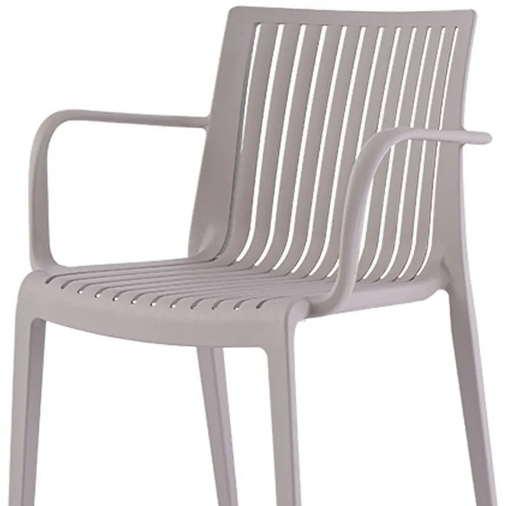 Set of Two Taupe Heavy Duty Plastic Outdoor Stacking Arm Chairs - NOBLE HOME INTERIORS