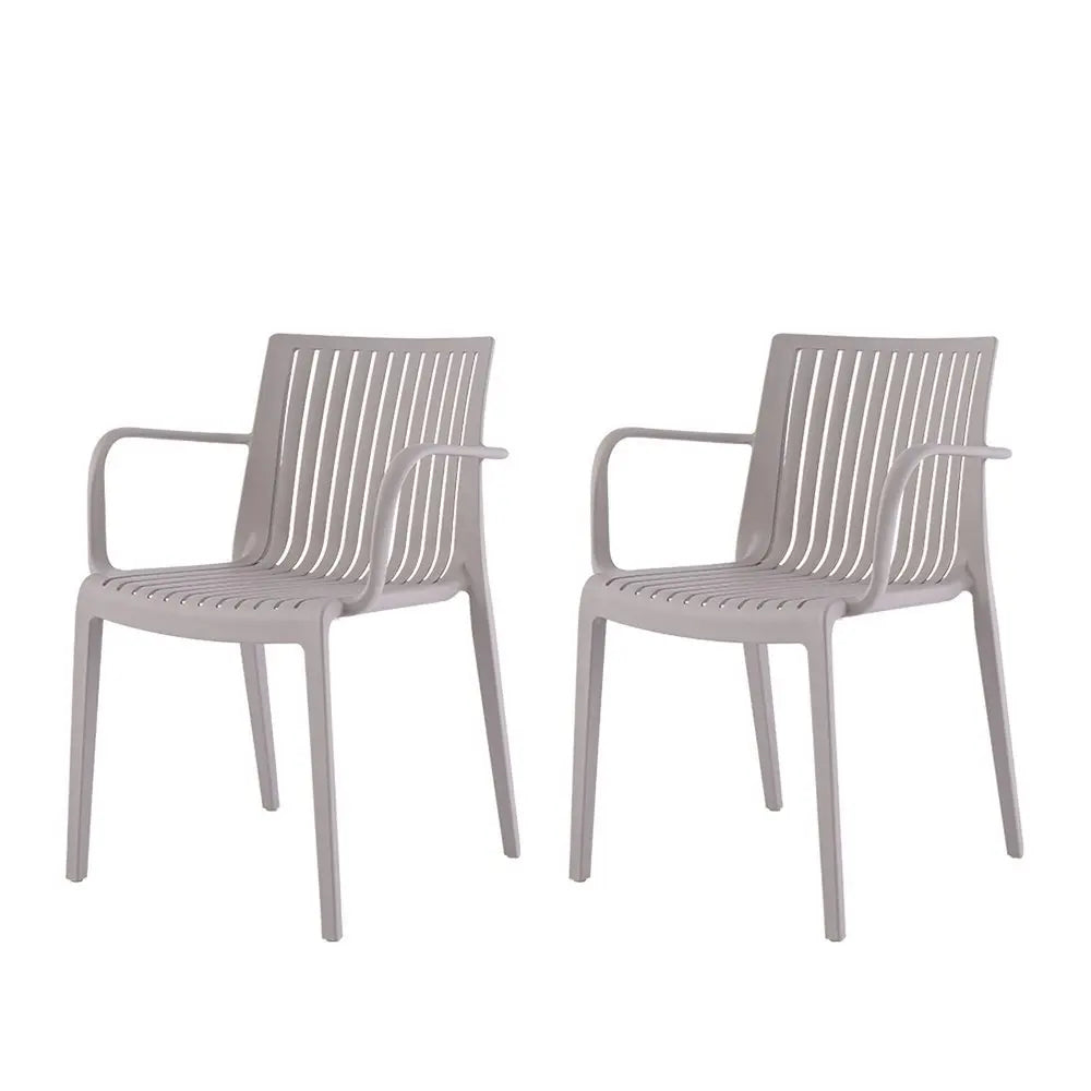 Set of Two Taupe Heavy Duty Plastic Outdoor Stacking Arm Chairs - NOBLE HOME INTERIORS