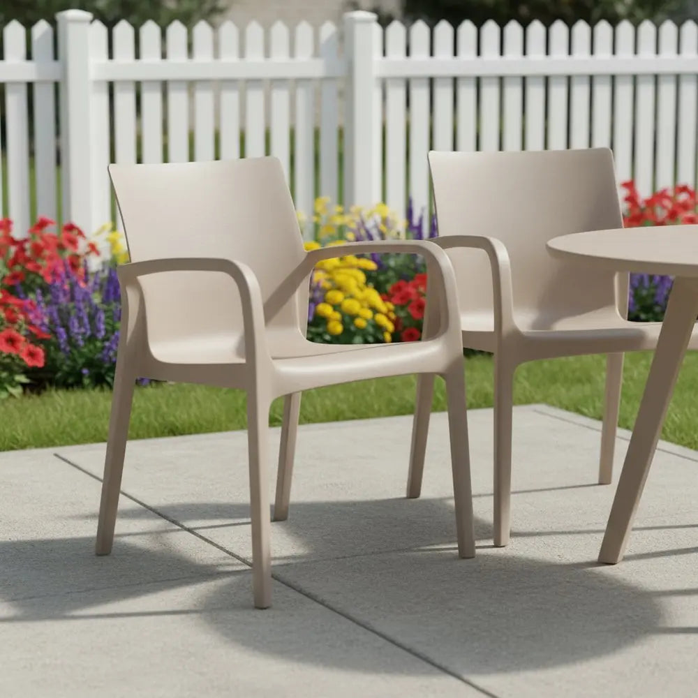 Set of Two Taupe Heavy Duty Plastic Outdoor Stacking Dining Chairs - NOBLE HOME INTERIORS