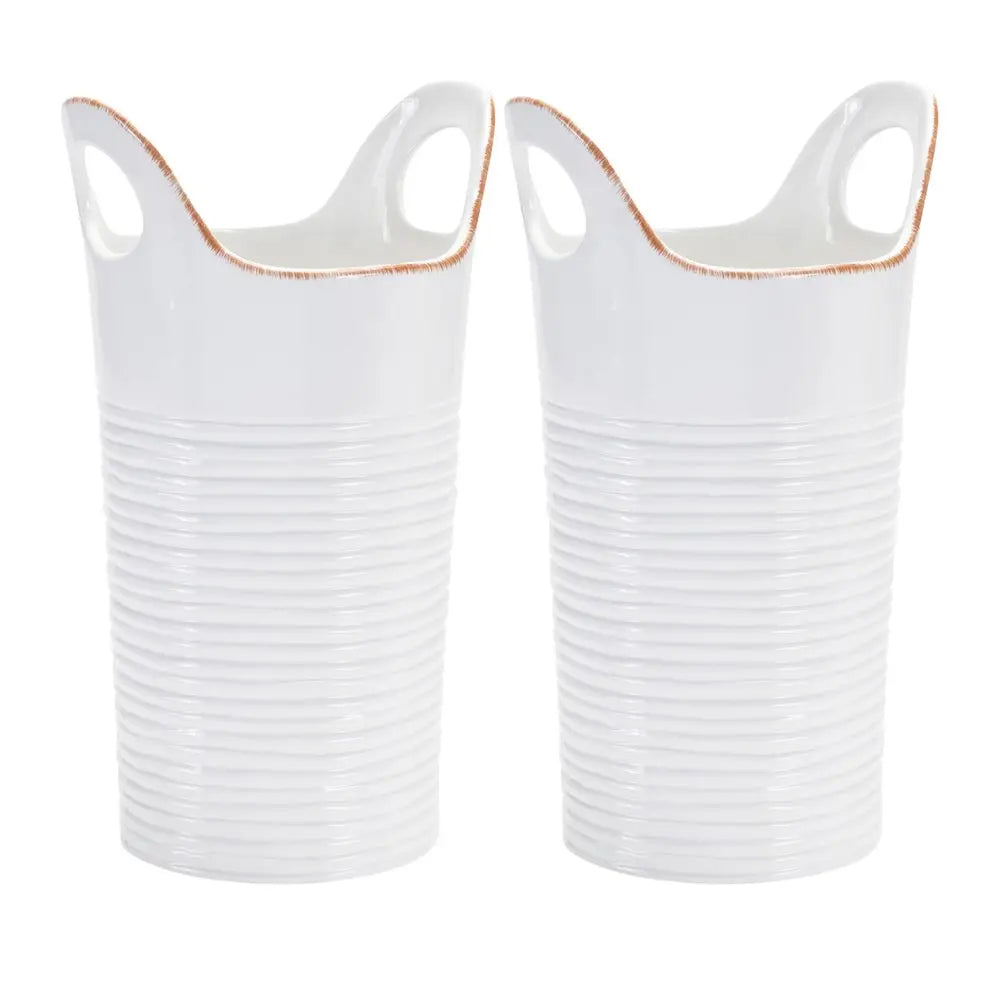 Set of Two White And Beige Round Ceramic Table Vase - NOBLE HOME INTERIORS