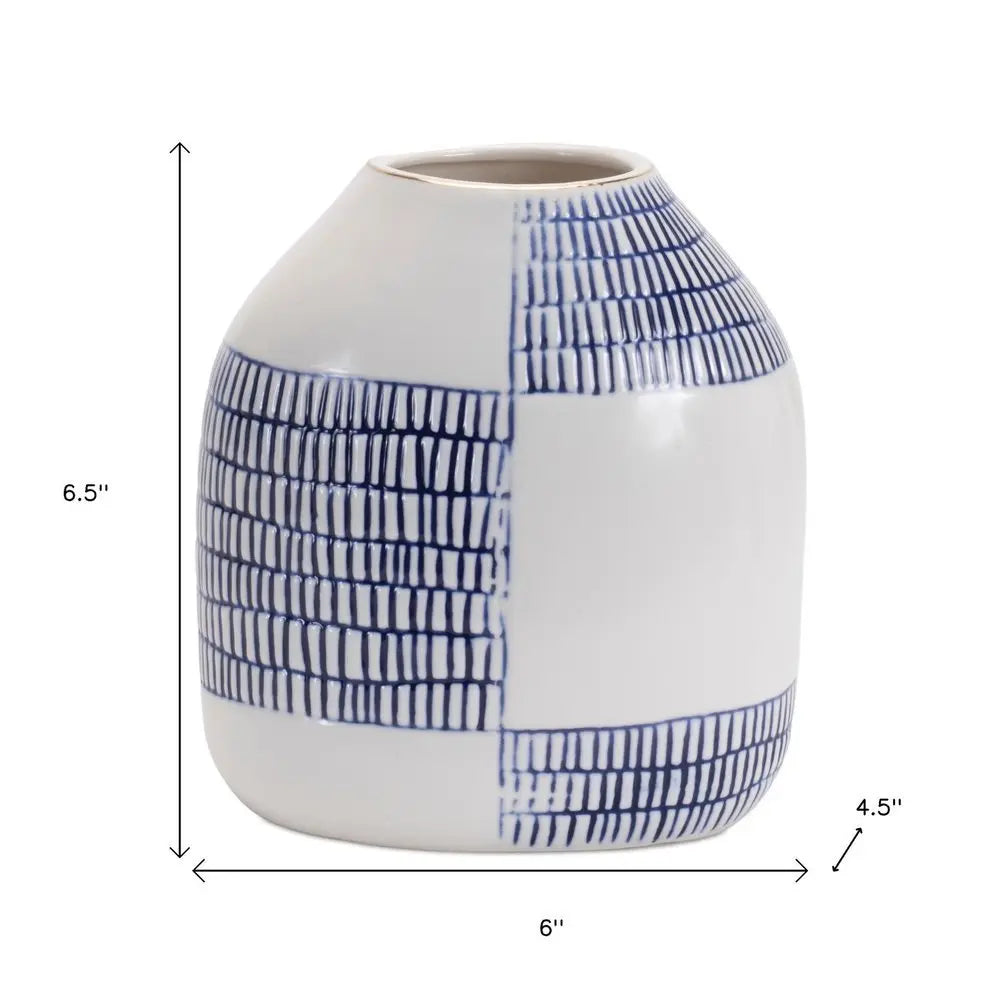 Set of Two White And Blue Checkered Round Ceramic Table Vase - NOBLE HOME INTERIORS
