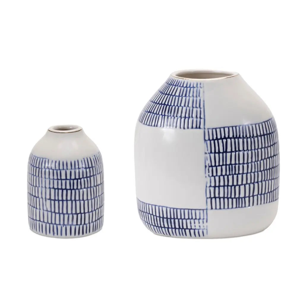 Set of Two White And Blue Checkered Round Ceramic Table Vase - NOBLE HOME INTERIORS
