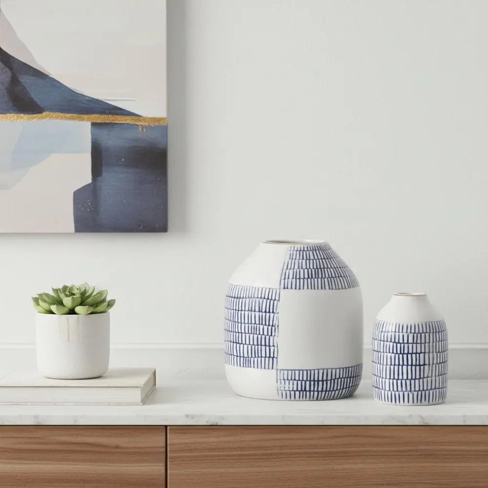 Set of Two White And Blue Checkered Round Ceramic Table Vase - NOBLE HOME INTERIORS